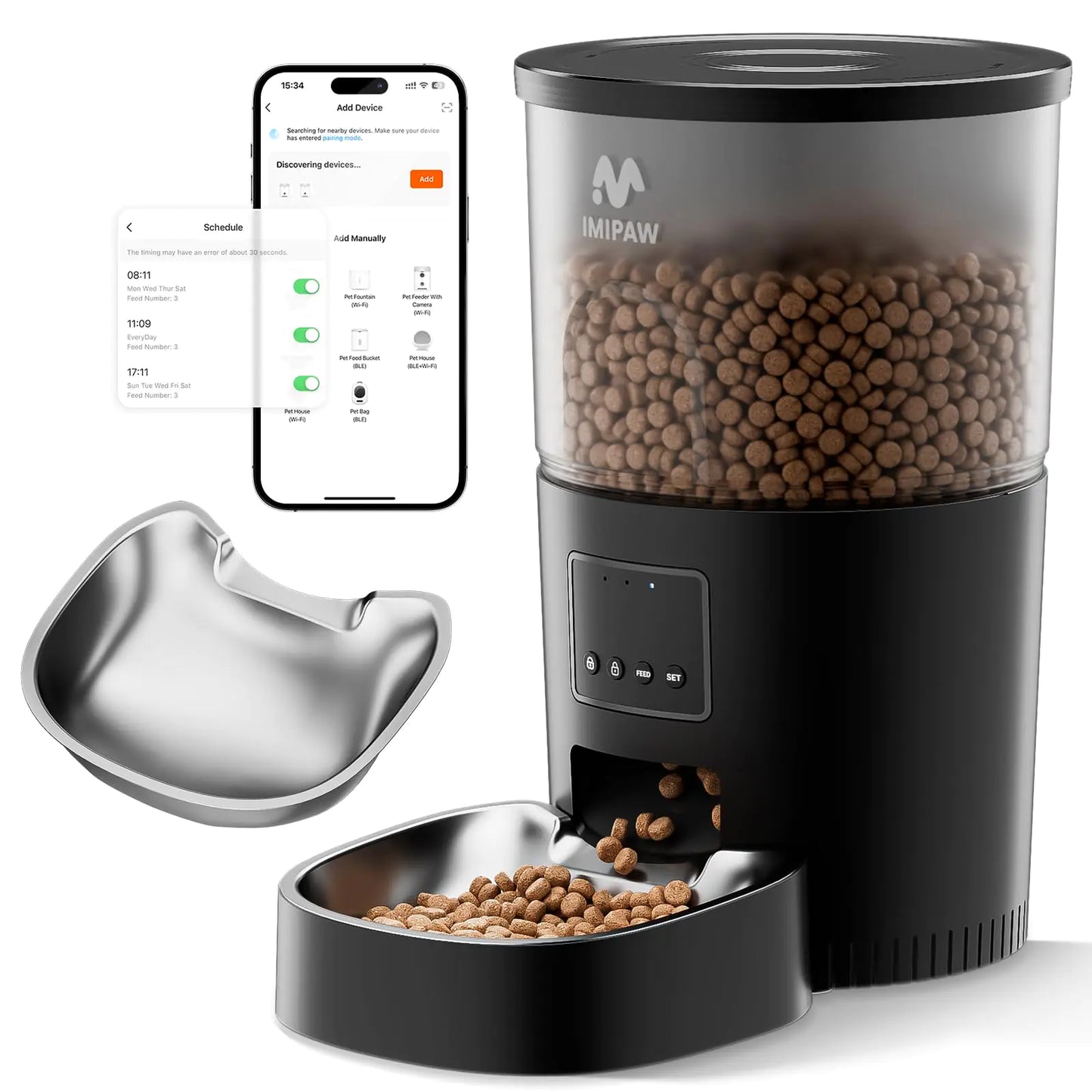 Automatic Cat Food Dispenser WiFi Cat Feeder with APP Remote Control for Dry Pet Food Programmable Timer Dual Power Supply Slow Feeder for Cats & Small Dogs